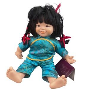 Vintage Chinese Ruby Doll Turquoise Satin Brocade Outfit with Passport 14"